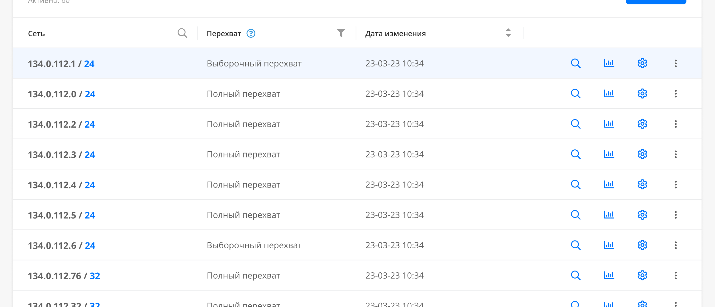 Таблица сетей в интерфейсе продукта